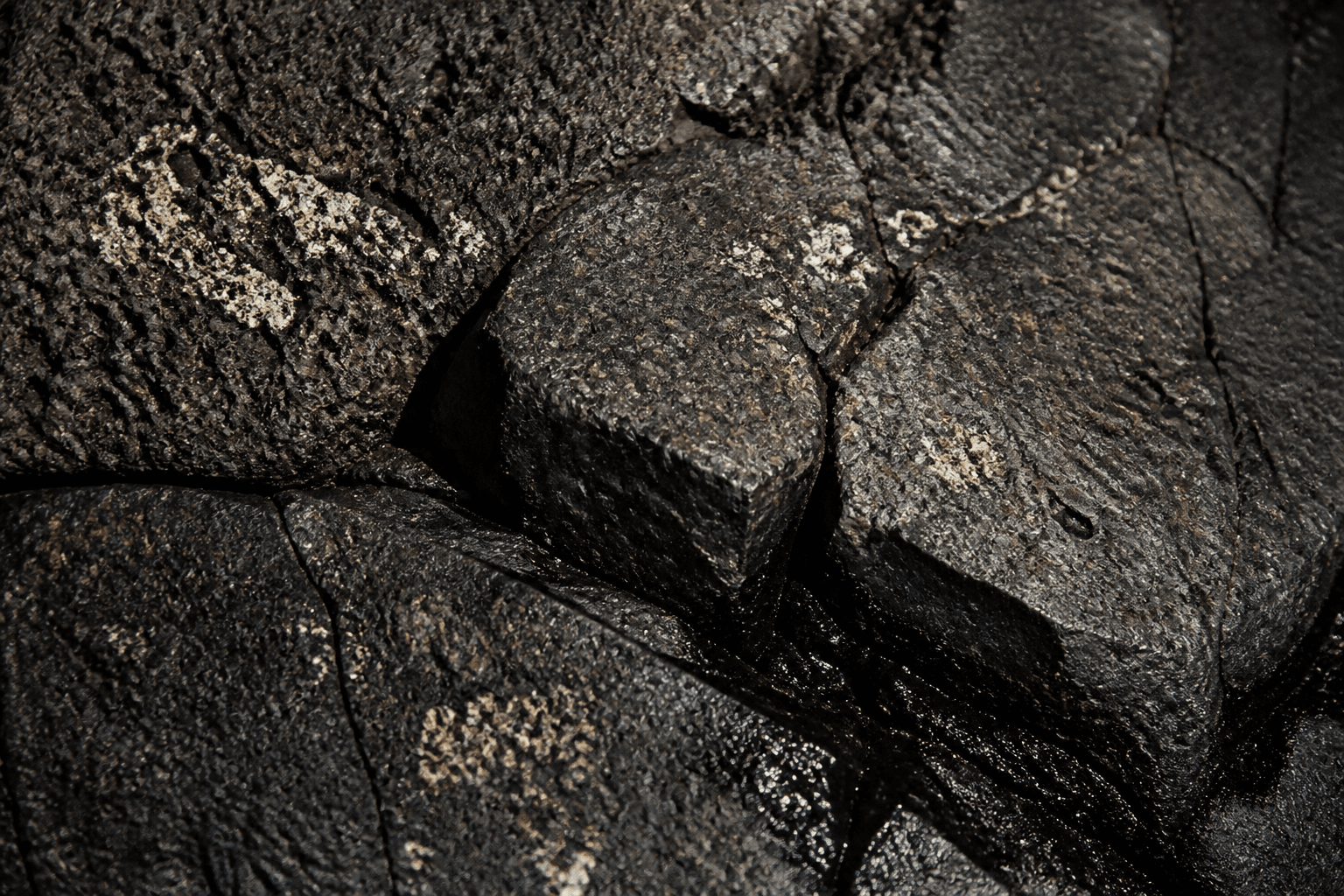 Close-up of weathered volcanic rock and lichen.
