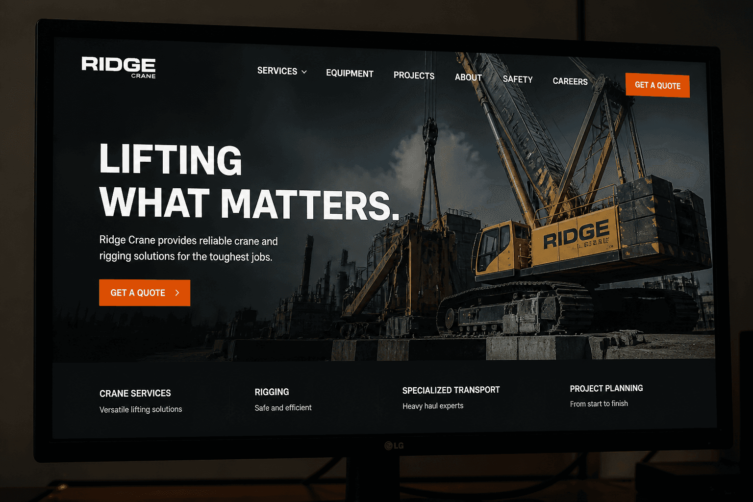 Ridge Crane sample website on a monitor.