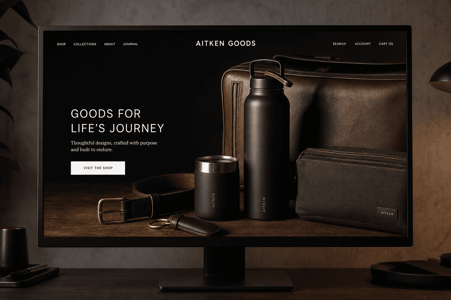 Aitken Goods sample website on a monitor.
