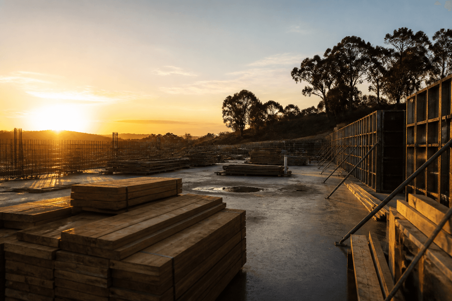 A quiet building site at dawn.