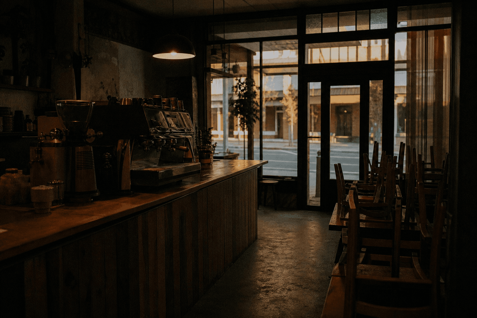An empty country cafe in the early morning.