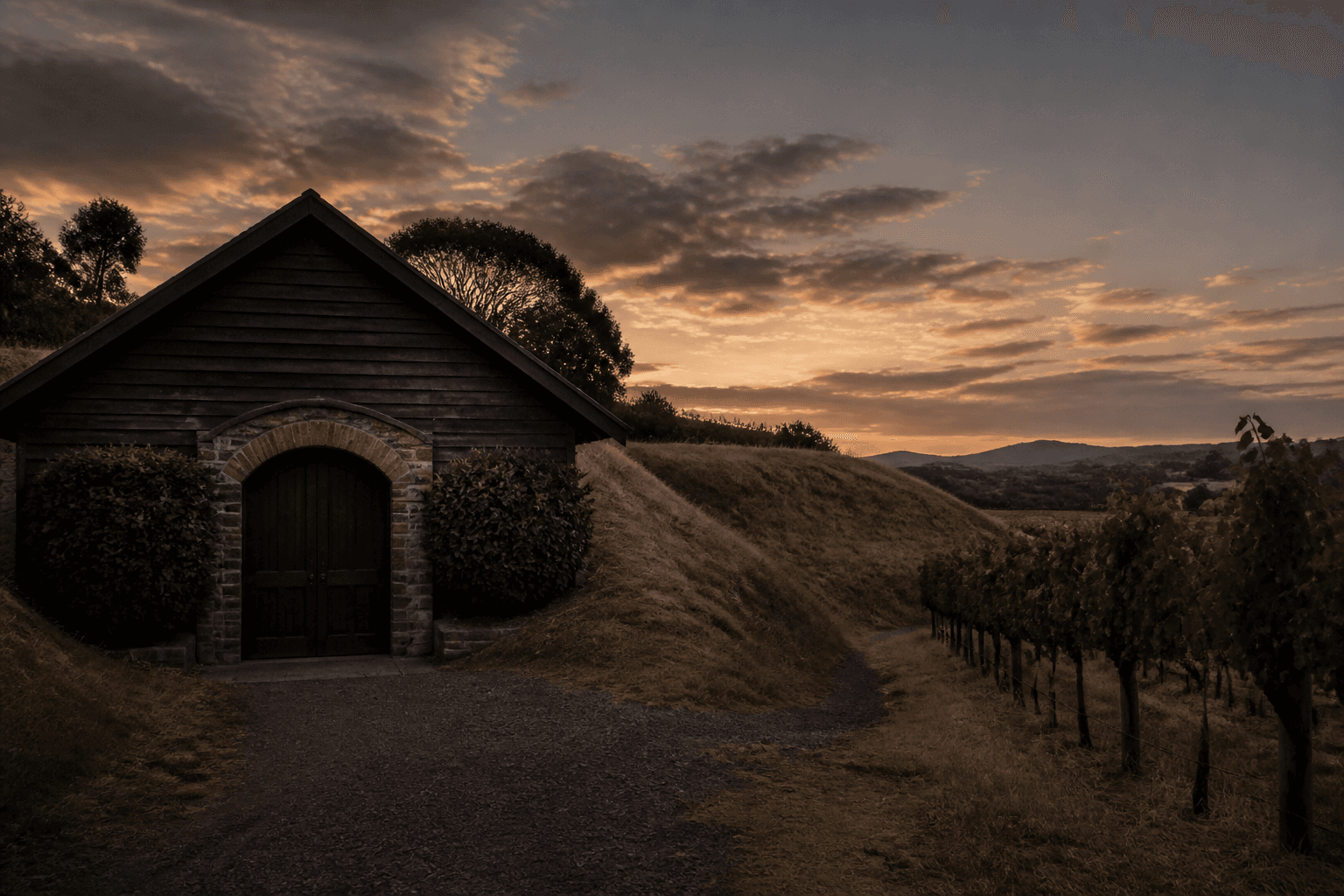 A cellar door and vines at dusk.