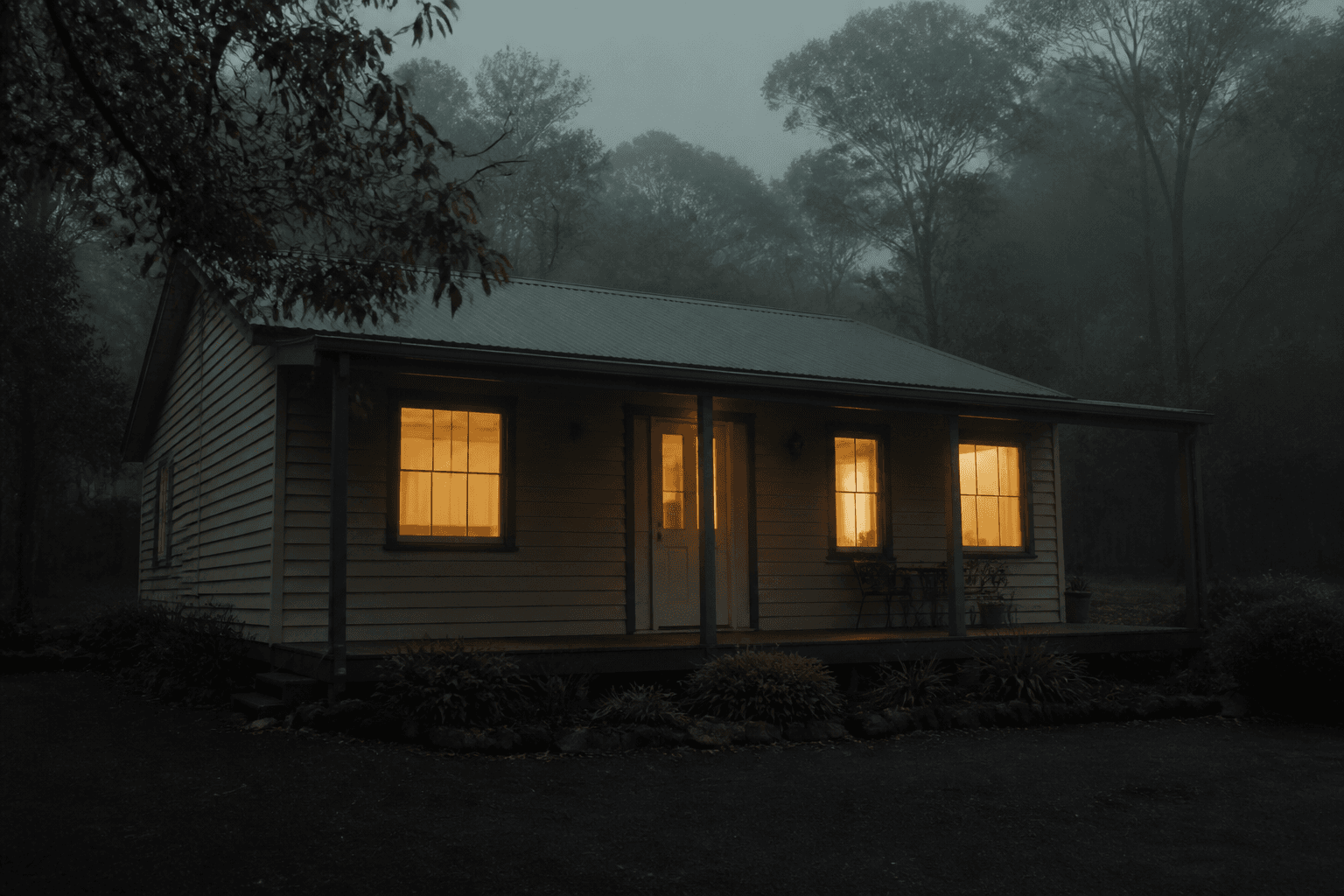 A weatherboard cottage at dusk.