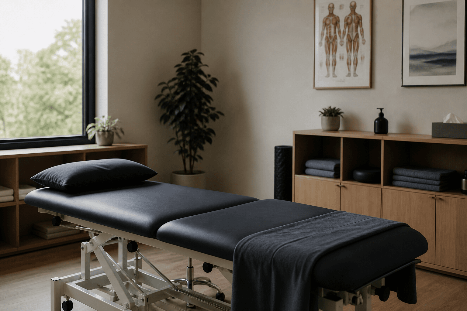 An empty treatment room in soft light.